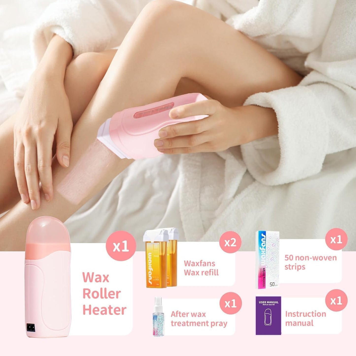 Wax Roller Kit - Easy Roll-On Hair Removal for Larger Areas | 50 Strips & 2 Rollers, Smooth Skin for 4-6 Weeks