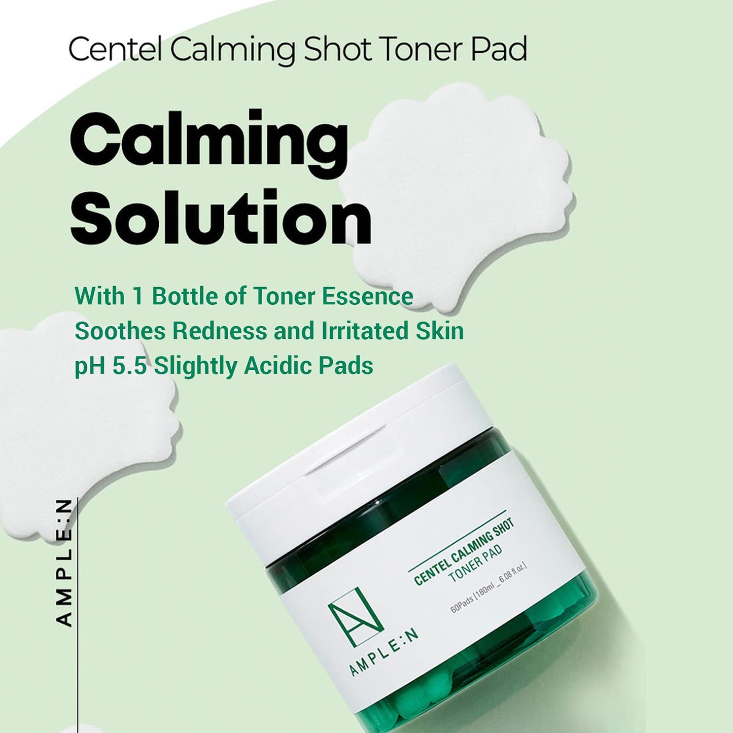 Korean Pore Minimizing and Redness Relief Soothing Toner Pads, Face Exfoliant with Centella Asiatica Extract and Bamboo Extract – AMPLE:N Centel Calming Shot Toner Pad 60 Sheet 100ml (3.38 fl.oz.)