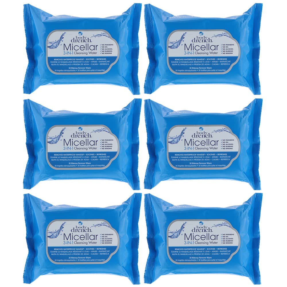 Body Drench 3-in-1 Micellar Water Makeup Remover Wipes – Removes Waterproof Makeup, Facial Cleanser, 30 Ct. (6 Pack)