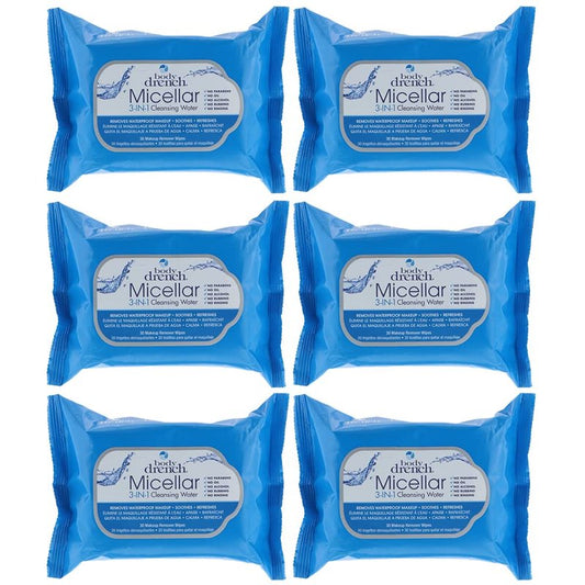 Body Drench 3-in-1 Micellar Water Makeup Remover Wipes – Removes Waterproof Makeup, Facial Cleanser, 30 Ct. (6 Pack)