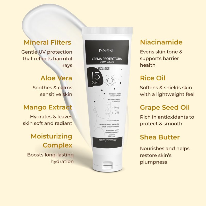 INSANE GLOW Mineral Sunscreen SPF 15 with Non-Nano Filters — Broad Spectrum UVA/UVB support, Niacinamide — Mango Extract & Rice Bran Oil — Matte Finish, Water & Sweat Resistant — 3.38 fl oz