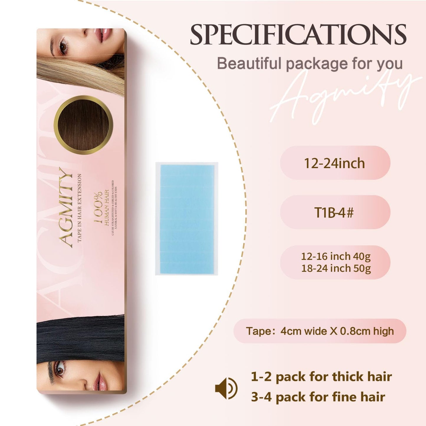 AGMITY Invisible Tape in Hair Extensions Human Hair Omber Off Black/Middle Brown 16 inches 20pcs 40g/pack Invisible Thick Hair Tape in Extensions(16 inches #T1b-4)