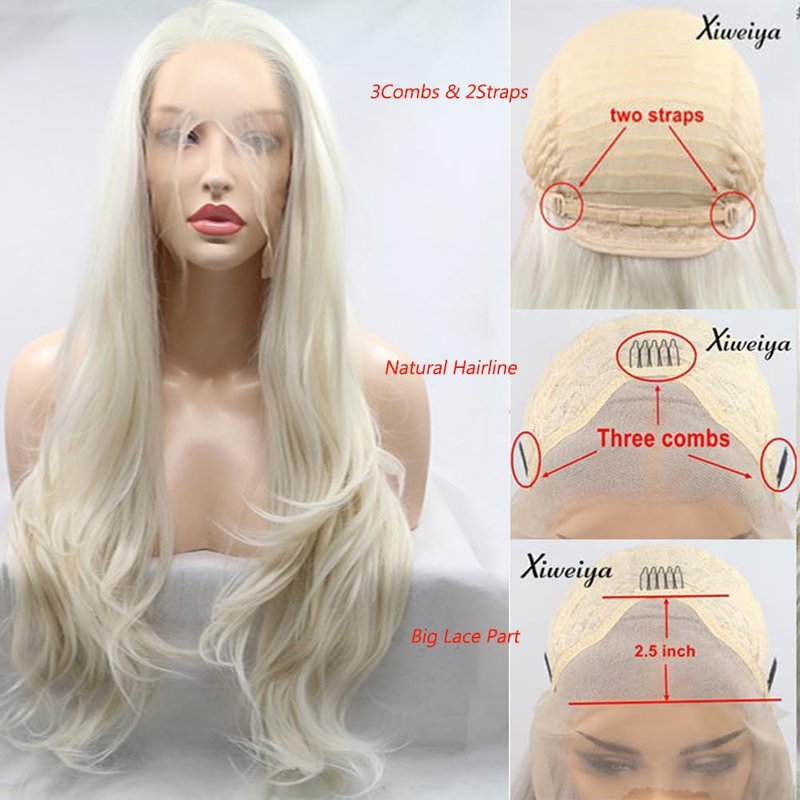 xiweiya 60# Platinum Blonde Wavy Lace Front Wig Long White Blonde Wavy Curly Synthetic Lace Front Wig White Queen Wig 13x3 Lace Wig Heat Resistant Hair 180% Density Wigs for Woman Drag Queen 24inch