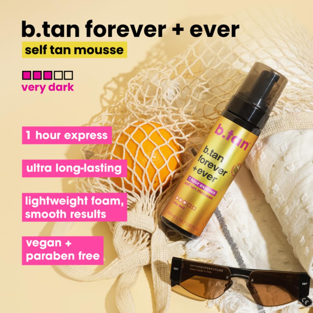 b.tan Dark & Ultra Long Lasting Self Tan Kit | Besties Bundle - Tanning Mousse Duo with Mitt Applicator Glove, 1 Hour Express, Fast Sunless Tanner, Face & Body, No Fake Tan Smell, 6.7 Fl Oz
