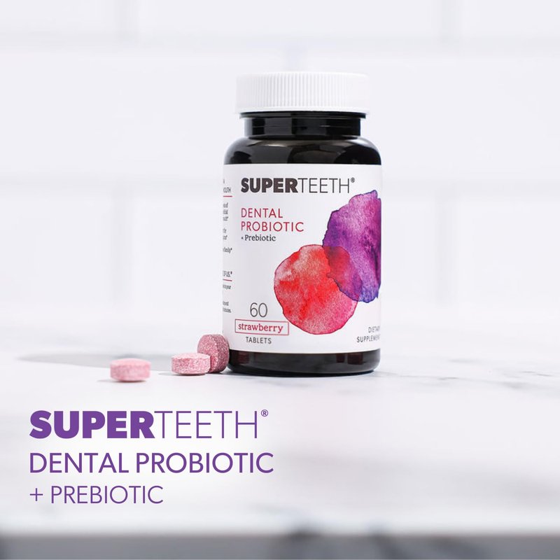 SuperTeeth Oral Probiotics for Mouth Bad Breath & Cavities, Oral Defense Dental Probiotic to Support Healthy Teeth & Gums, Lactobacillus Reuteri Chewable for Kids & Adults, 60 Strawberry Tablets