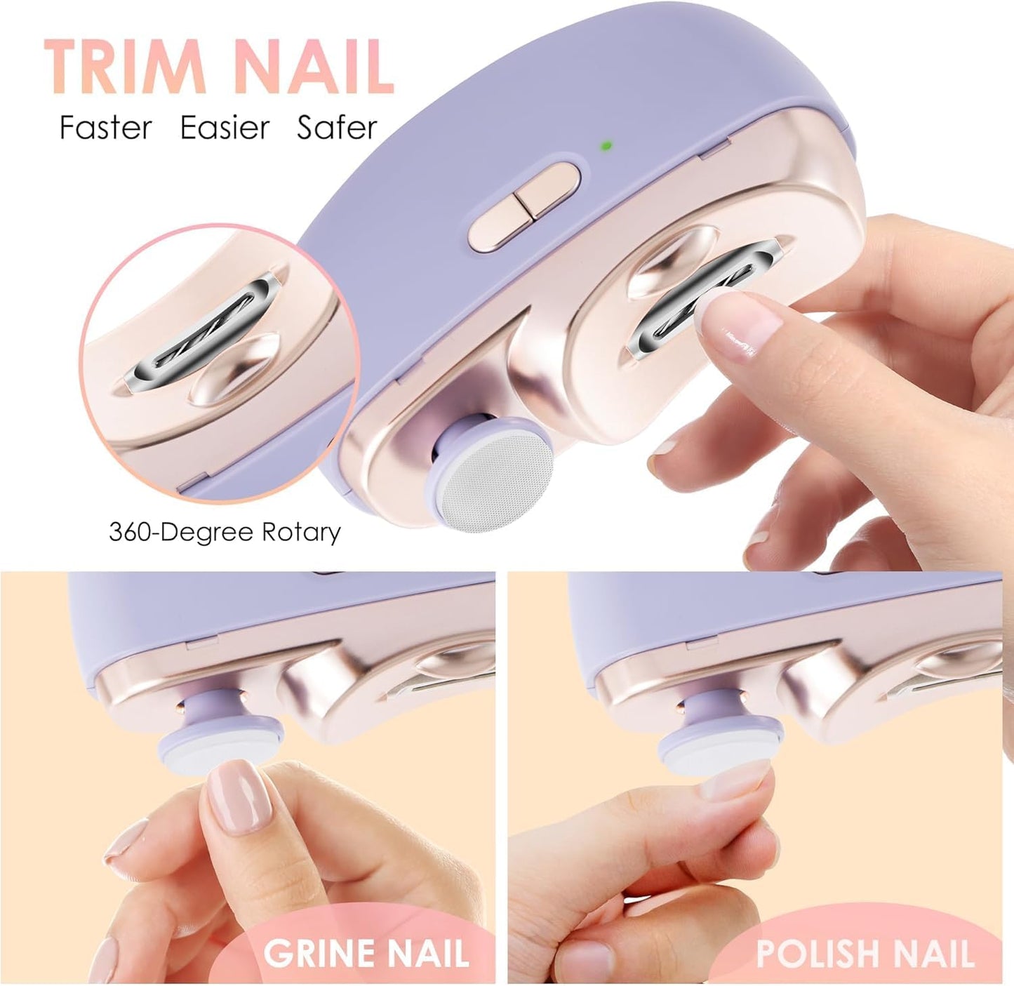 Automatic Electric Nail Clippers 3-in-1 with LED Light & Dust Storage - Toenail Trimmer & Polisher for Men & Women (Purple)