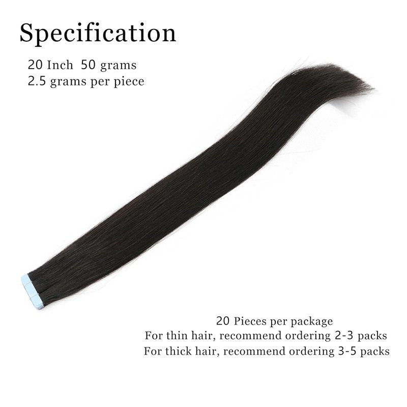VADES Tape In Hair Extensions - Remy Human Hair, Natural Black, 20 Inch, Invisible Seamless Skin Weft, 50 Grams, 20 Pieces