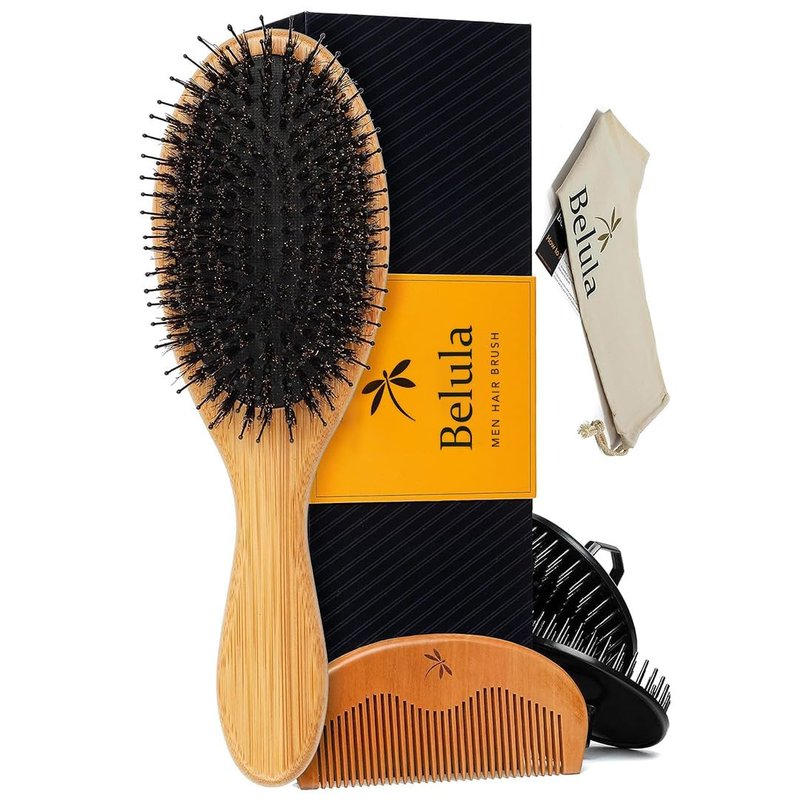 Men's Hair Grooming Set - Boar Bristle & Nylon Pin Brushes, Wooden Comb, Travel Bag | Perfect for Styling