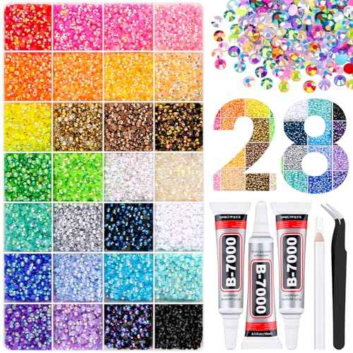 32000Pcs Resin Rhinestones with Tweezers for Bedazzling, Multicolor 3mm Crystal with 3Pcs 10ml B7000 Jewelry Glue for Bedazzled Nail Art Crafting Makeup
