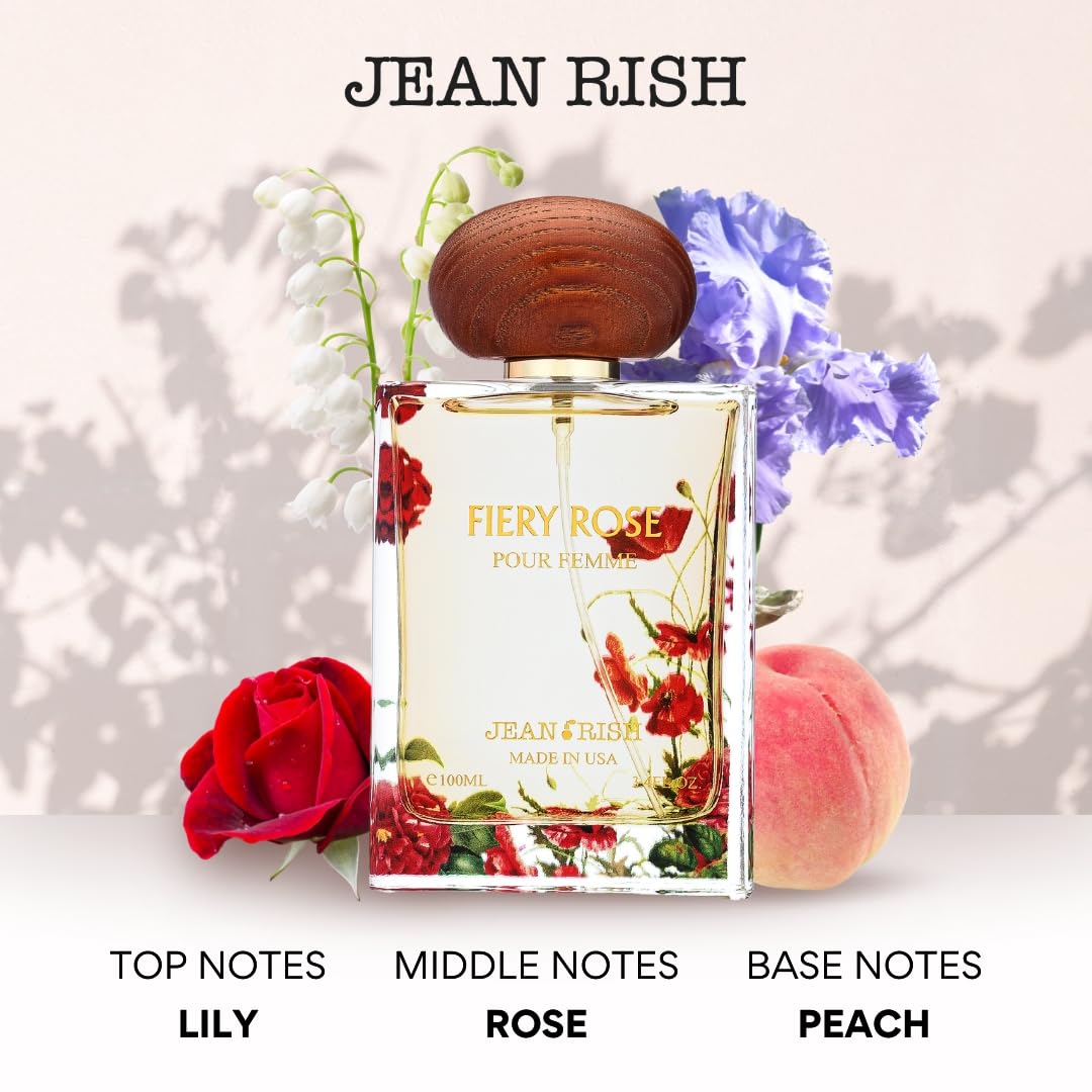 Jean Rish Fiery Rose Perfume for Women Eau De Parfum, Long-Lasting Luxury Fragrance, Made In USA - Rose, Peony, Peach, Musk, Sandalwood Scent - 100ml / 3.4 oz