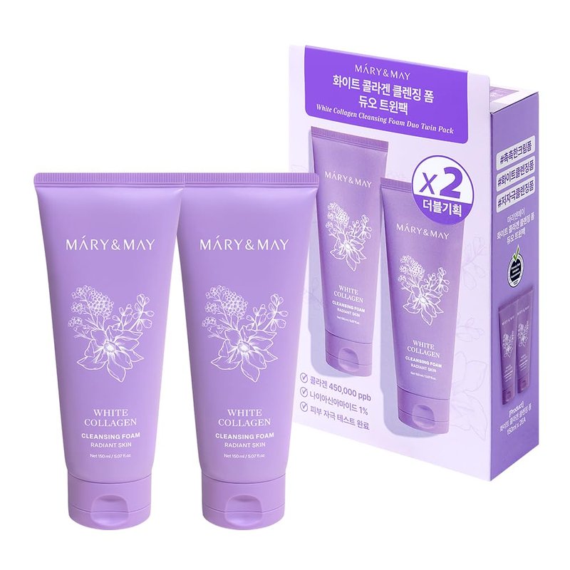 Mary&May White Collagen Cleansing Foam Duo Twin Pack - Deep Cleansing, Hydrating Formula for Firm and Radiant Skin with Niacinamide - Korean Skincare, EWG Green Grade, Hypoallergenic, 10.14 Fl Oz