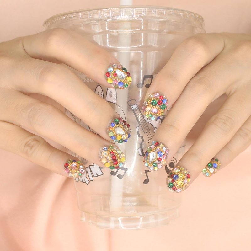SLANGO Full-Shining Press On Nails, Hand Made Short Round False Nails with Rhinestones, Reusable, Durable, Thick Acrylic Nails for Women S (Ship from US)