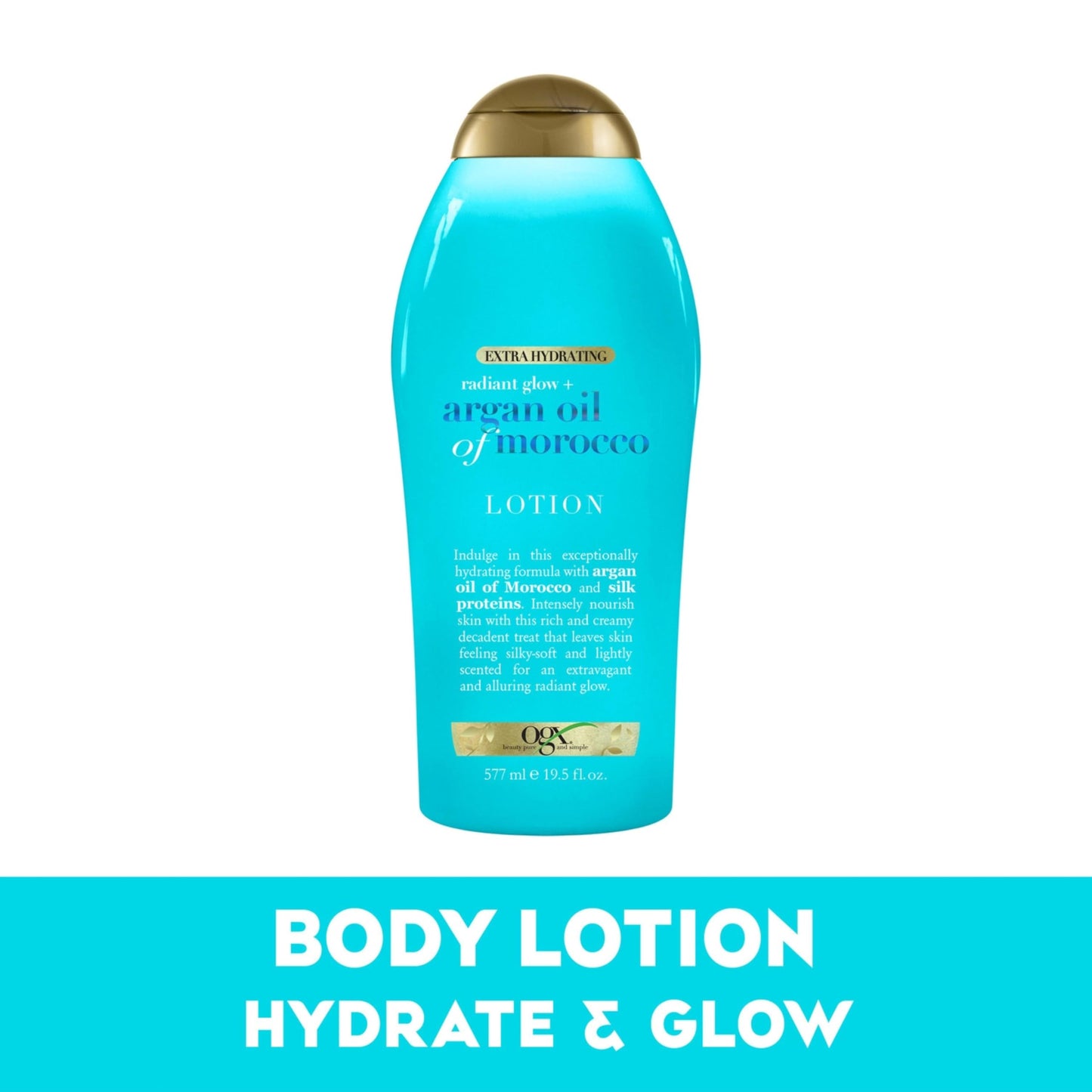 OGX Radiant Glow + Argan Oil of Morocco Extra Hydrating Body Lotion for Dry Skin, Nourishing Creamy Body & Hand Cream for Silky Soft Skin, Paraben-Free, Sulfated-Surfactants Free, 19.5 Ounce