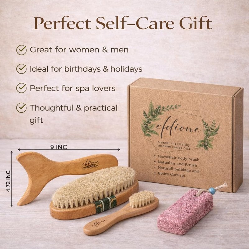 4-Piece Dry Brush Set - Natural Bristle Exfoliating Body & Face Brushes | Includes Pumice Stone & Wooden Massage Tool