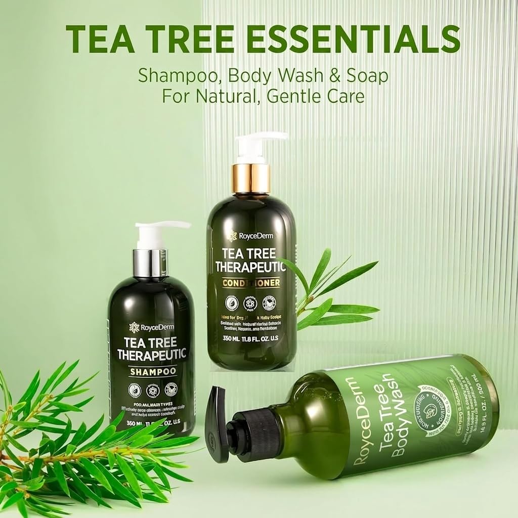 Roycederm Tea Tree Antifungal Shampoo and Conditioner: Complete Scalp Care Solution for Folliculitis, Dry, Itchy, and Flaky Scalp - Infused with Tea Tree Oil, Paraben & Sulfate Free