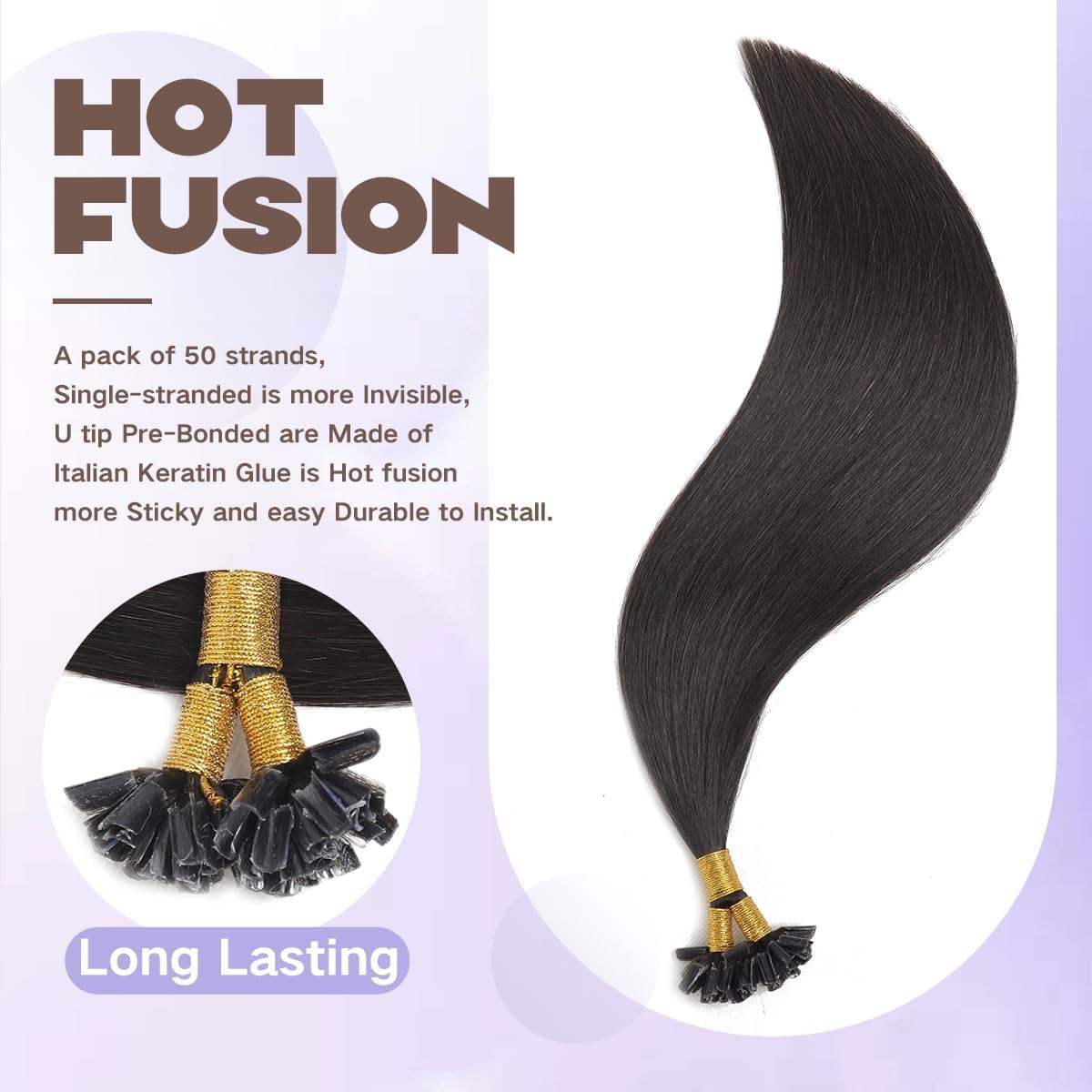 Sindra U Tip Hair Extensions - 18 Inch Natural Black Keratin Human Hair | 50 Strands Hot Fusion U-Tip
