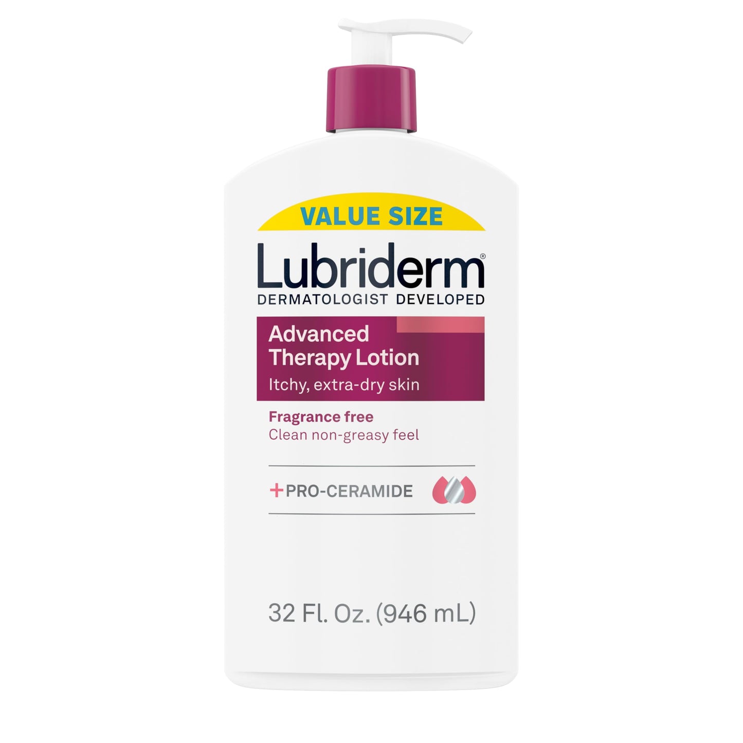 Lubriderm Advanced Therapy Fragrance Free Moisturizing Hand & Body Lotion + Pro-Ceramide with Vitamins E & Pro-Vitamin B5, Intense Hydration for Itchy, Extra Dry Skin, Non-Greasy, 32 fl. oz