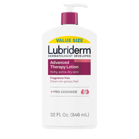 Lubriderm Advanced Therapy Fragrance Free Moisturizing Hand & Body Lotion + Pro-Ceramide with Vitamins E & Pro-Vitamin B5, Intense Hydration for Itchy, Extra Dry Skin, Non-Greasy, 32 fl. oz