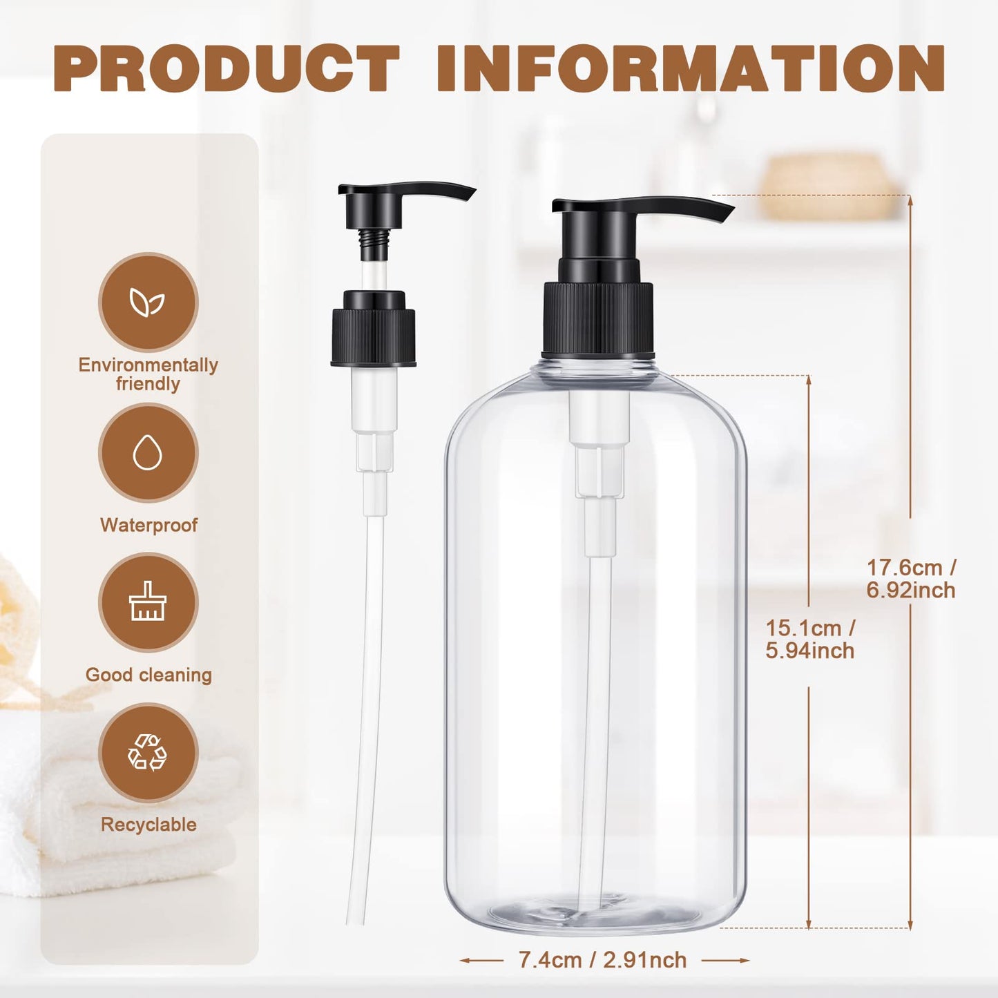 Gandeer 8 Pcs Plastic Pump Bottles Empty Lotion Bottle with Pump Refillable Dish Soap Dispenser Portable Hand Soap Dispenser Shampoo Lotion Container for Oil Liquid Soap(Clear,16 oz)