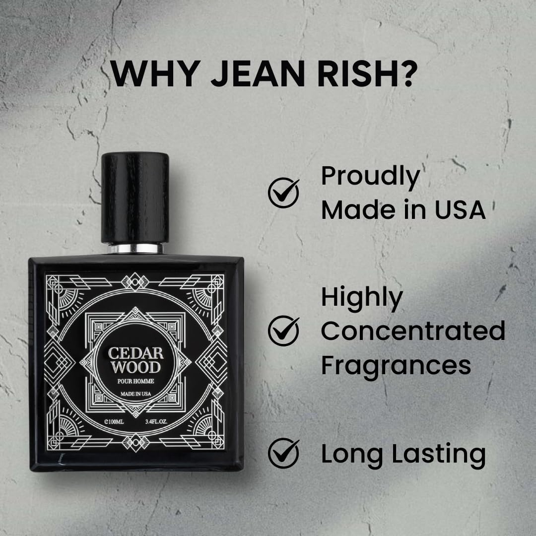 Jean Rish Cedar Wood Perfume for Men Eau De Toilette, Long-Lasting Luxury Fragrance, Made In USA - Patchouli, Cedar, Musk Scent - 100ml / 3.4 oz