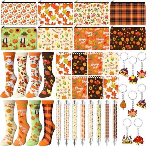 32 Pcs Thanksgiving Gifts Set Autumn Makeup Bags Bulk Pumpkin Socks Holiday to Do List Notepad Turkey Ballpoint Pens Keychain Fall Party Gifts