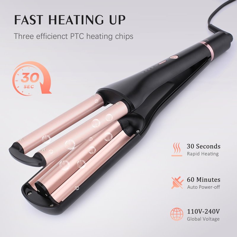 4 in 1 Crimper Hair Tool - Hair Waver with Adjustable Depths for 4 Wavy Styles, Beach Waves Curling Iron with 3 Ceramic Barrels, 4 Temperatures, Dual Voltage, for Women (Gold)
