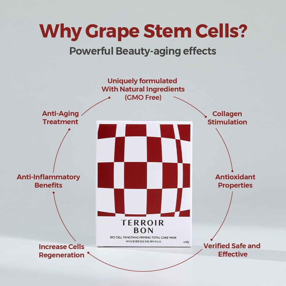 TerroirBon Vegan BioCell TangTang Firming Total Care Mask for Sensitive Skin–Jawline Lifting, Elasticity Hydrating, Elasticity, Plumping, Grape Stem Cell Sheet Mask | Korean Skincare, 1.28 fl ozx4ea