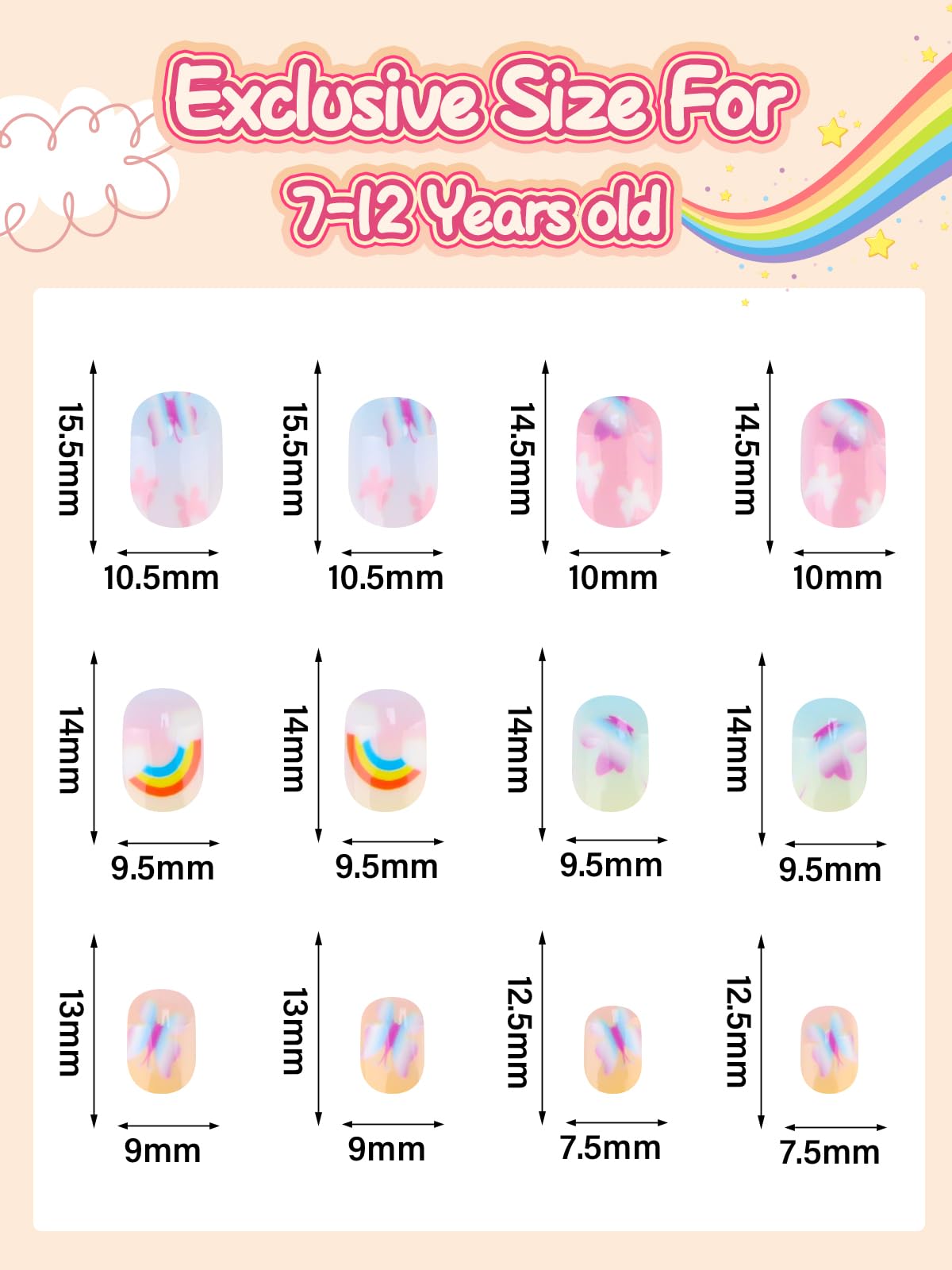 168 Pieces Press on Nails for Girls, EBANKU Short Candy Rainbow Butterfly Fake Nails Kids 6-12 Years Stick On False Nails Kit with Nail Glue, Full Cover Nails Tip Kit for Children Nail DIY