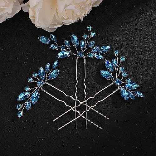 Teyglen 3pcs Rhinestone Hair Pins Set - Handmade Crystal Hair Pieces for Bride, Women, Girls (Lake Blue)