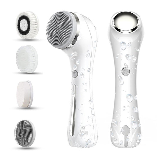 Facial Cleansing Brush, 2 in 1 Ｗaterproof IPx7 Facial Spin Scrubber Set with 4 Brush Heads, Rechargeable Exfoliating Face Brush Deep Cleansing, Gently Exfoliate and Remove Blackhead (White)
