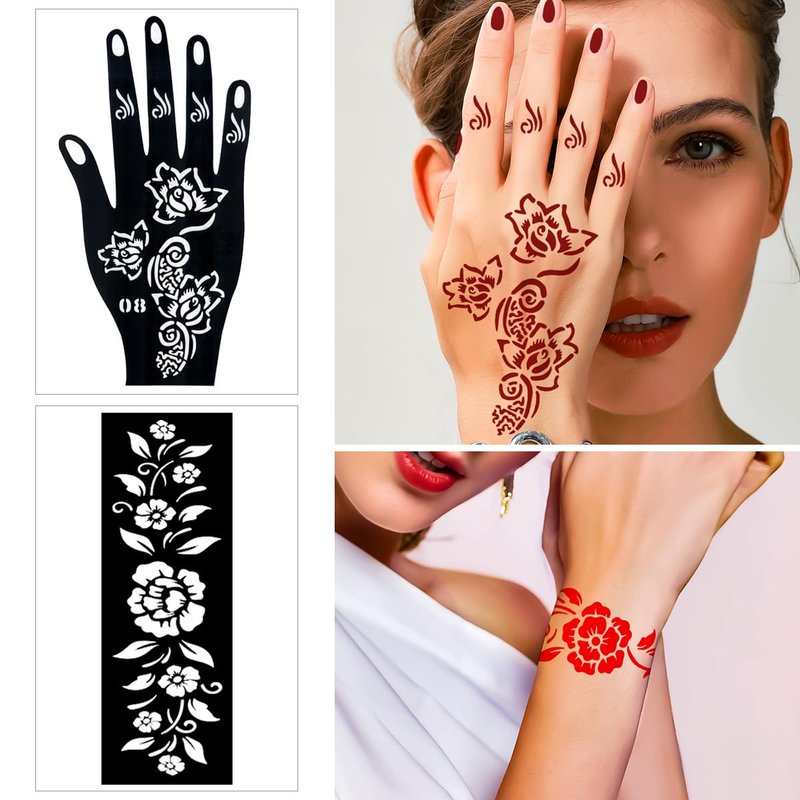 Temporary Tattoo Henna Kit Safe & Easy Fake 12 Bottles 11 Colors Ink 18 Big Pcs Stencils for Adults/Kids-fake tattoos (Black×2, Red, Green, Purple, Orange, Navy Blue, Brown, Pink, Grey, Yellow)
