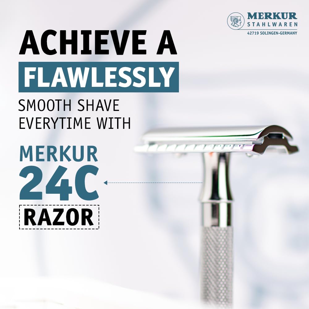 MERKUR 24C Safety Razor For Women with 10 Double Edge Blades | Extra Long Handle | Three-piece Razor | Straight Cut | Bright Chrome Finish | Made in Germany