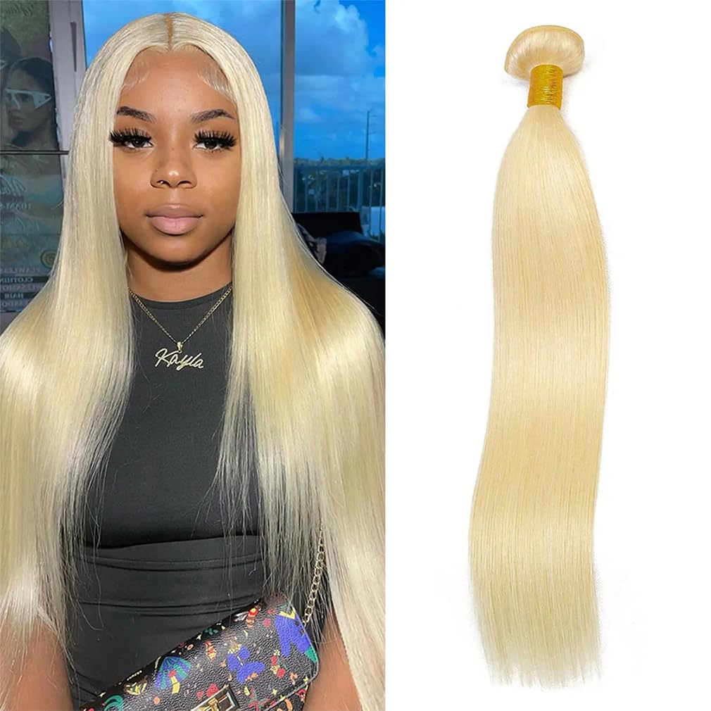 NJMNJM Straight Blonde 613 Human Hair Bundles, Straight Brazilian Virgin Human Hair Bundles, Blonde Single Bundle,#613 Color(18 inch)