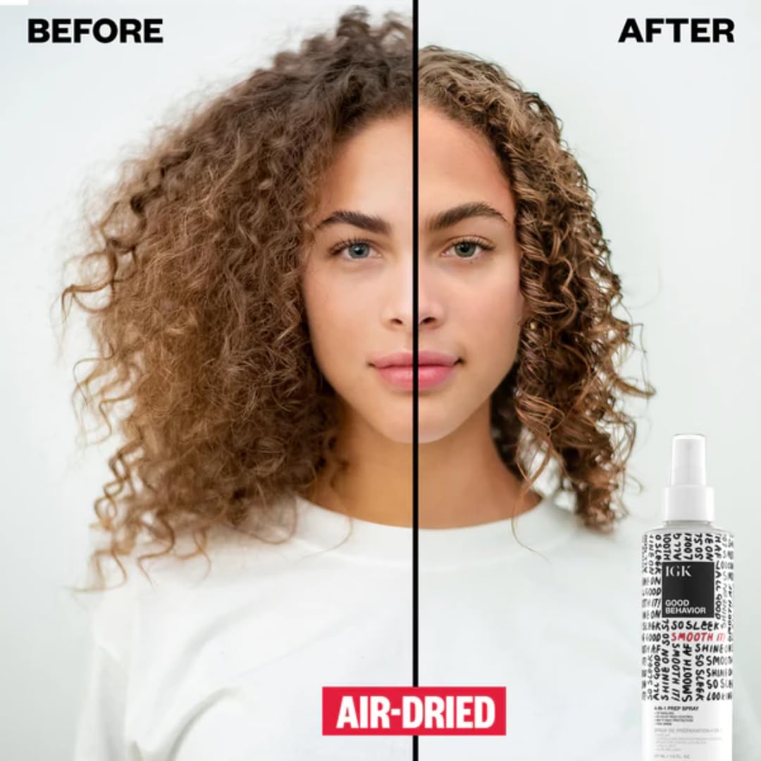 IGK GOOD BEHAVIOR 4-in-1 Prep Spray | Full + Travel Size | Gently Detangles, Controls Frizz for 24 Hours, Heat Protection & Shine | Weightless Formula for Smooth Hair