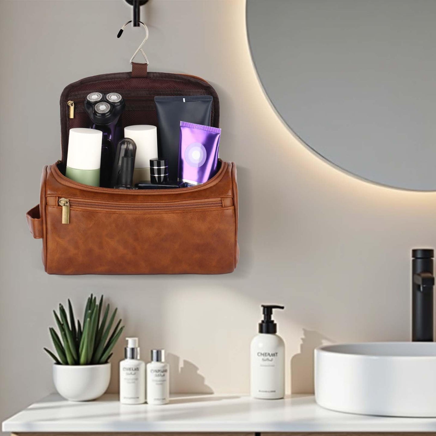 OXYEFEI Personalized Toiletry Bag for Men,Personalized Gifts for Men,Engraved Initial PU Leather Mens Toiletry Travel Shaving Travel Essentials Toiletries Bag for Him Birthday (K, Light Brown)