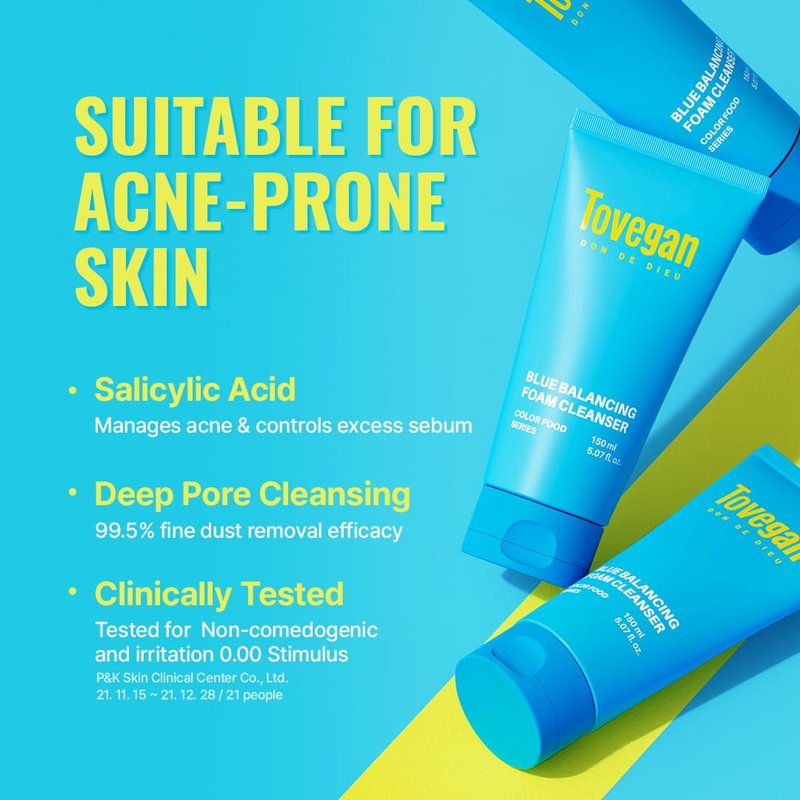 TOVEGAN Blue Balancing Foam Cleanser | Acne-Relief Face Wash | Soft Dense Microbubble Foam | Blue Food Complex | Gentle Daily Cleanser 5.07 fl oz