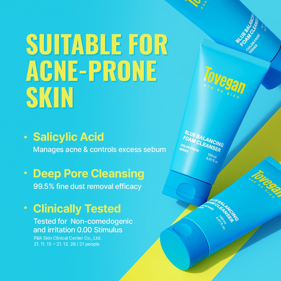 TOVEGAN Blue Balancing Foam Cleanser | Acne-Relief Face Wash | Soft Dense Microbubble Foam | Blue Food Complex | Gentle Daily Cleanser 5.07 fl oz