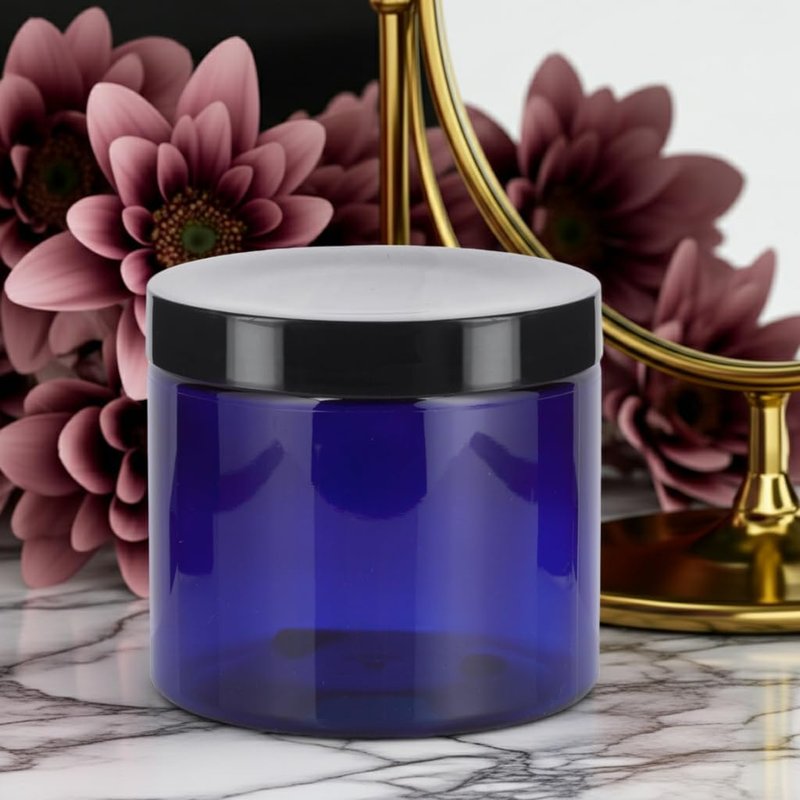 JUVITUS Refillable 16 oz Cobalt Blue PET Plastic Jar - BPA Free with Black Lid | 12 Pack