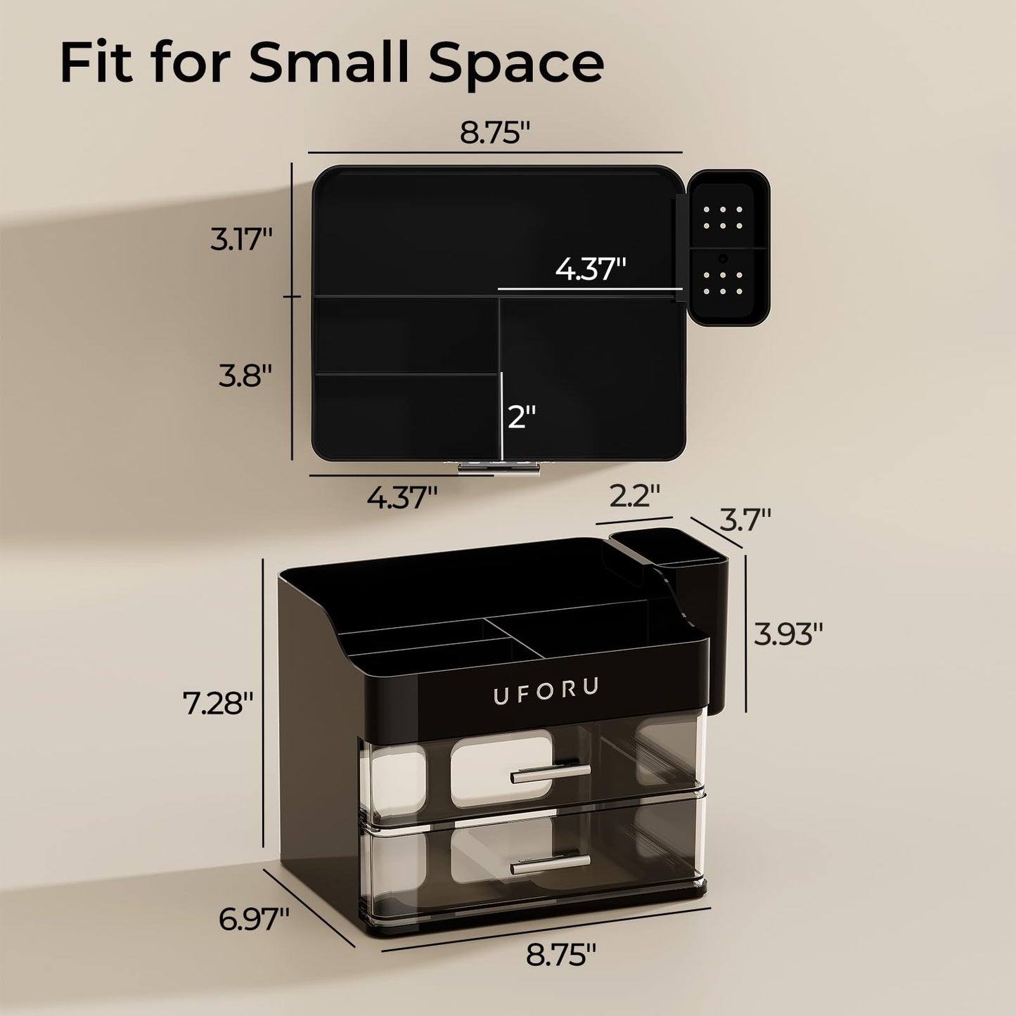 UFORU Makeup Organizer for Vanity with Brush Holder, Countertop Skincare Organizer with 2 Drawers, Spacious Cosmetic Display Case for Perfumes, Cologne, Shaving Lotion