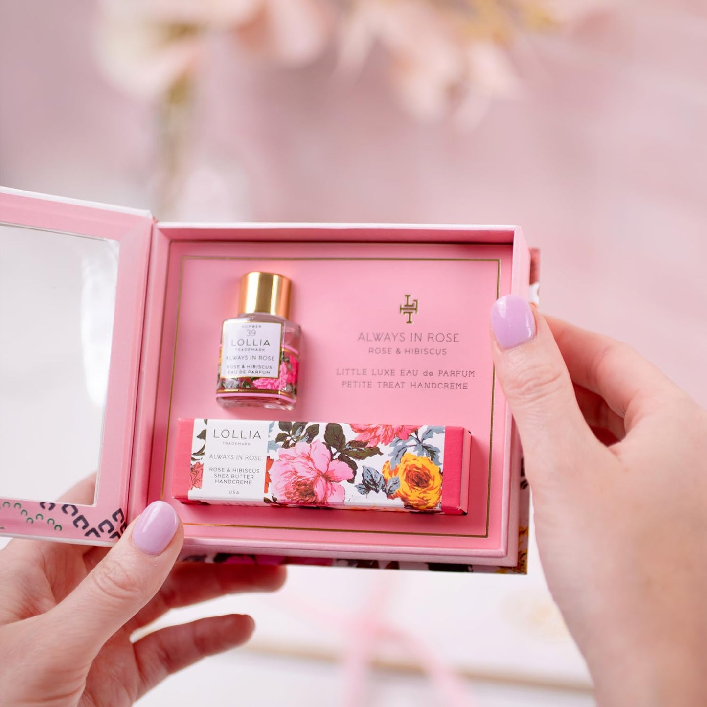 LOLLIA Always in Rose Fragrance Story Gift Set – .16 fl. oz. Eau de Parfum & .33 oz. Petite Treat Handcreme – Rose & Hibiscus – Hand Cream for Women, Travel Size Perfume, Hand Lotion for Dry Hands