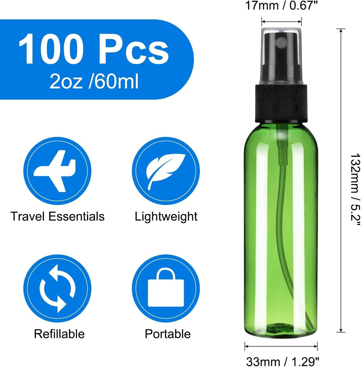 Reusable 2Oz Spray Bottles - 100 Pack Clear Mini Travel Containers for Essential Oils & Cleaning | Green & Black