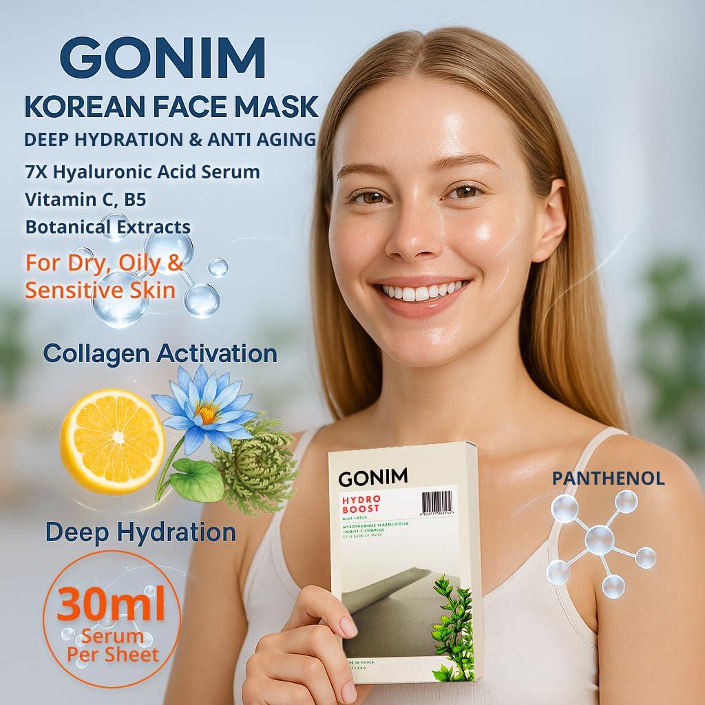 GONIM Korean Face Mask, Hydrating Sheet Mask with Hyaluronic Acid Serum
