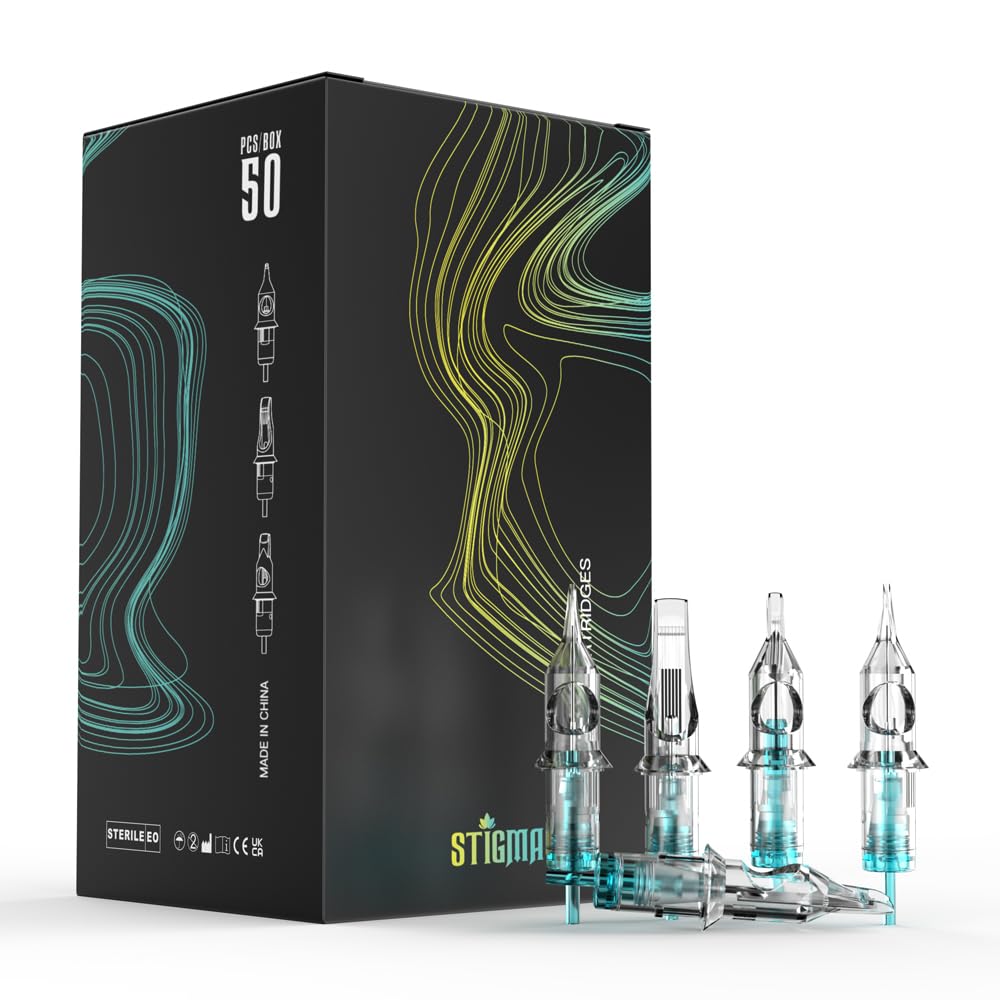 STIGMA Aquamarine Knight Tattoo Cartridge Needles #10(15RM) 50Pcs 0.3mm Bugpin Disposable Tattoo Needles Cartridges with Membrane Curved/Round Magnum EN02B-50-OF1015RM