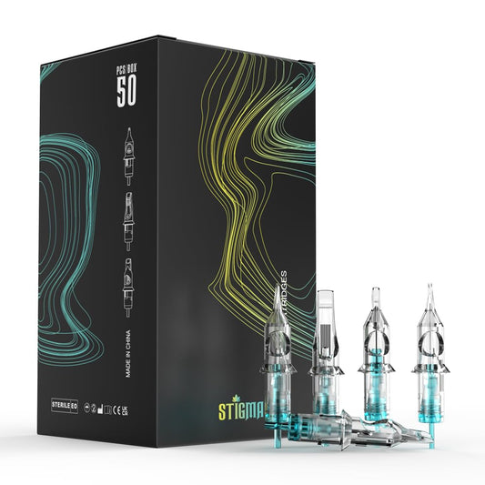 STIGMA Aquamarine Knight Tattoo Cartridge Needles #10(15RM) 50Pcs 0.3mm Bugpin Disposable Tattoo Needles Cartridges with Membrane Curved/Round Magnum EN02B-50-OF1015RM