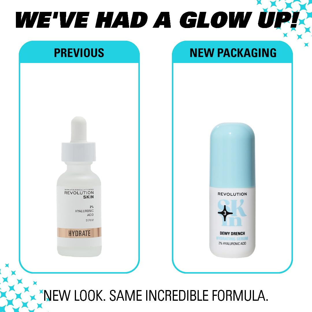 Revolution Skin, Dewy Drench 2% Hyaluronic Acid Hydrating Face Serum, Lightweight Formula & Plumps Skin, Vegan & Cruelty-Free, 1.01 fl oz