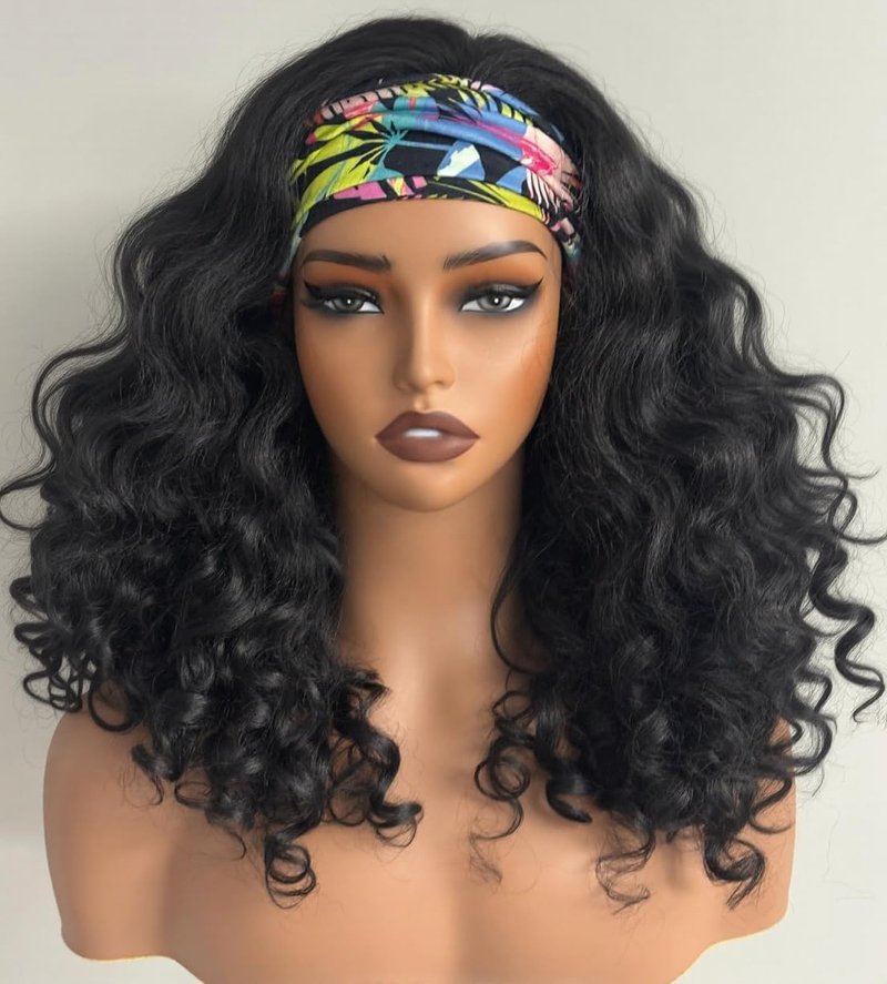 Emistar YAKI Body Wave Headband Wig Loose Curly Heabdand Wigs Glueless Synthetic Hair Natural Black Wigs for Black Women None Lace Front Wigs Headband Wigs 150% Density (Short)
