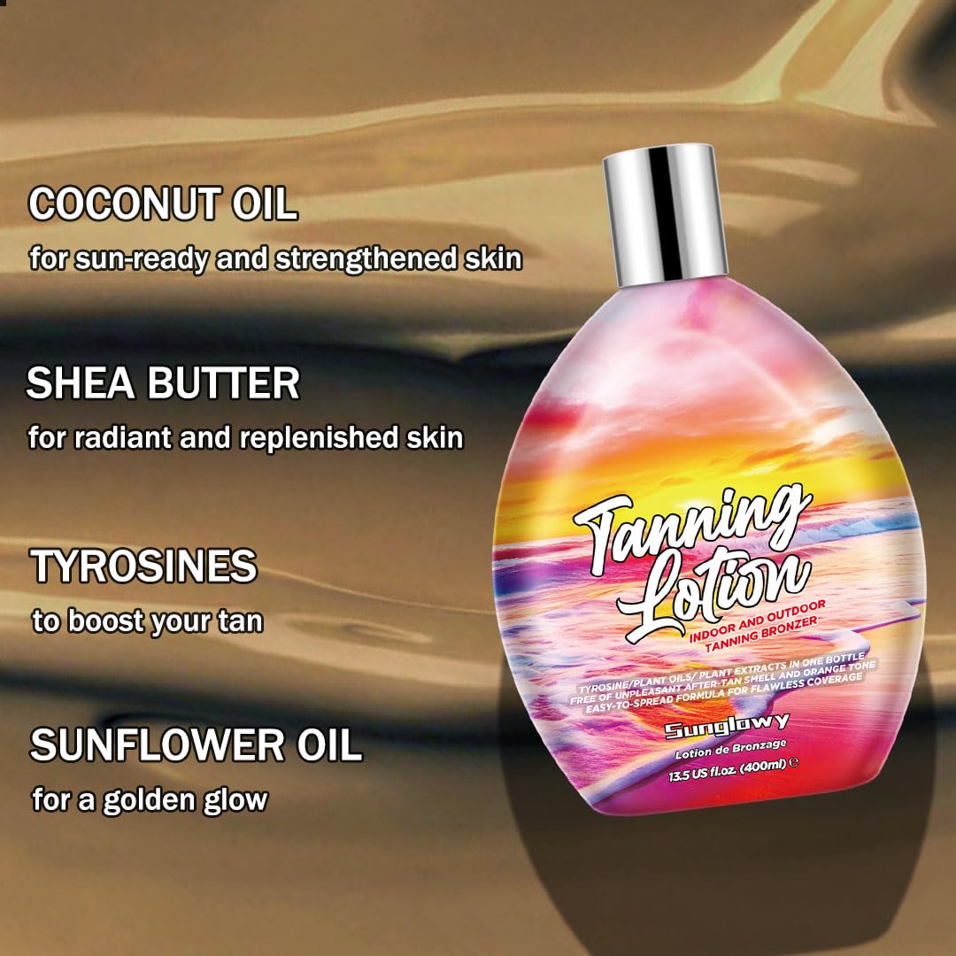 Sunglowy Bronzing Brown Lotion for Indoor Tanning Beds Lotions with Bronzer and Accelerator, Indoor Outdoor Suntan Lotion for Sunbeds w/Tattoo Protecting Formula, DHA Free, 13.5oz