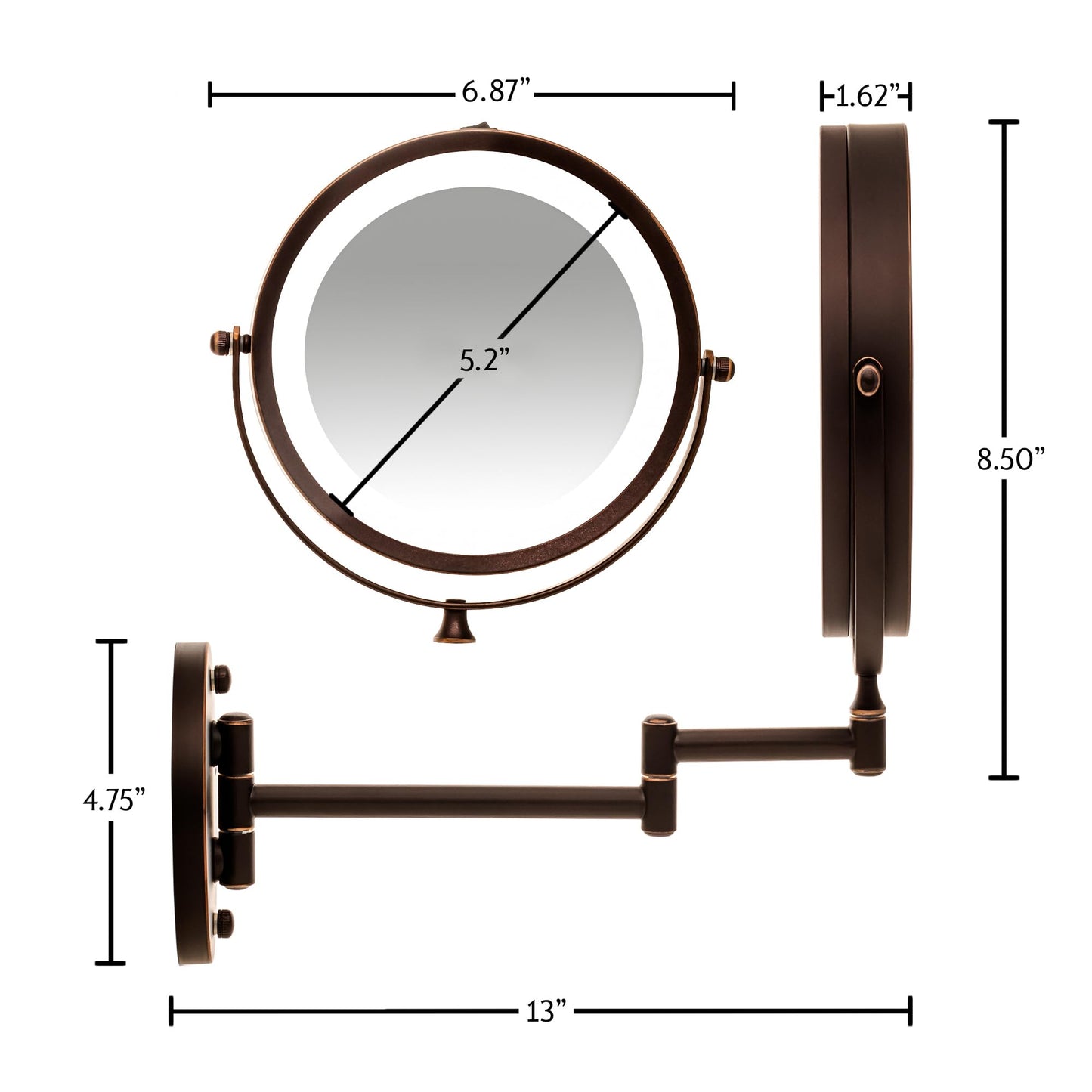 OVENTE Wall Mounted Lighted Makeup Mirror, 7" Double Sided 1X/7X Magnifying Vanity Mirror for Bathroom with LED Lights, Cordless, 360° Rotation and 13" Extendable Arm, Antique Bronze MFW70ABZ1X7X