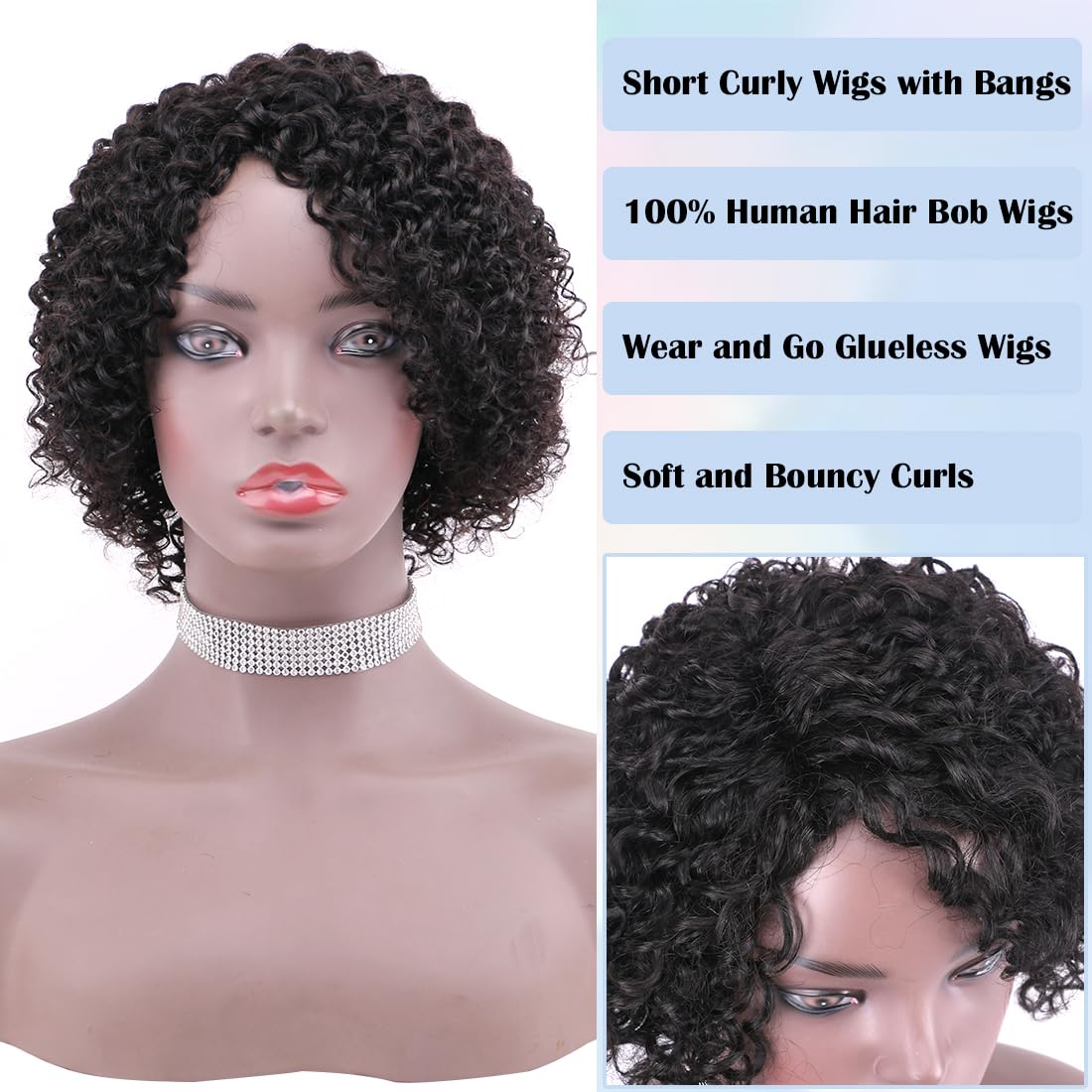 ZHENLISI Glueless Curly Bob Wigs Short Afro Kinky Curly Human Hair Wigs for Black Women Wear and Go Machine Made Side Part Afro Wig Wet and Wavy Human Hair Wig Natural Black