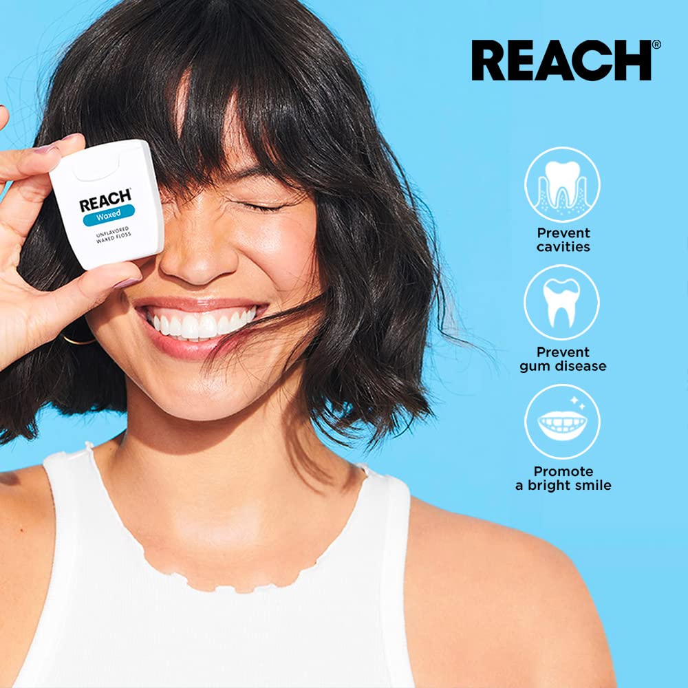 REACH Waxed Dental Floss 12 Pack Bundle, Mint, Plaque Remover, Shred Resistant, Extra Wide Cleaning, Gentle on Gums & Teeth, PFAS-Free, Oral Care, for Adults & Kids, 55yd